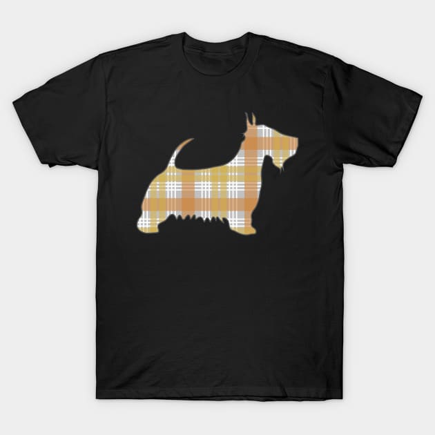 Metallic Gold, Silver and Bronze Tone Tartan Scottish Terrier Dog Silhouette T-Shirt by MacPean